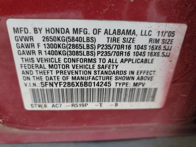 5FNYF286X6B014245 - 2007 HONDA PILOT EX MAROON photo 13