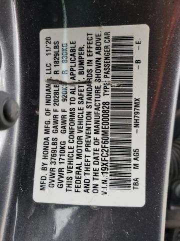 19XFC2F60ME000828 - 2021 HONDA CIVIC LX GRAY photo 12