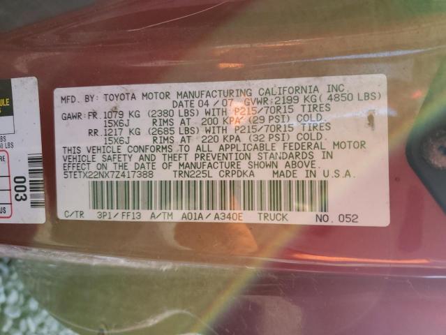 5TETX22NX7Z417388 - 2007 TOYOTA TACOMA ACCESS CAB წითელი ფოტო 12