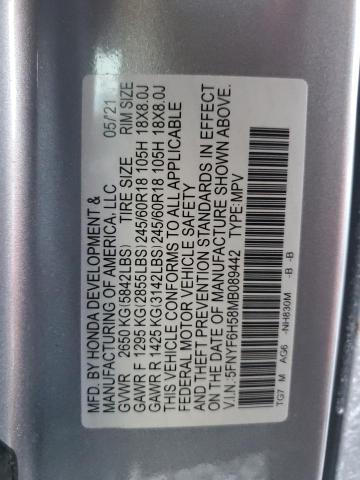 5FNYF6H58MB089442 - 2021 HONDA PILOT EXL SILVER photo 12