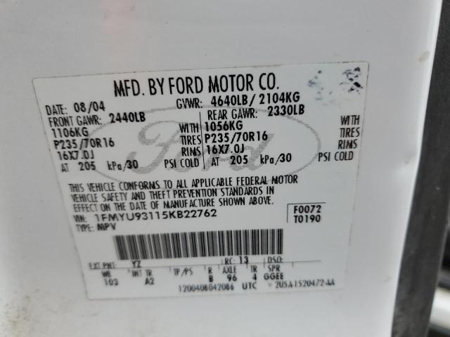 1FMYU93115KB22762 - 2005 FORD ESCAPE XLT WHITE photo 12