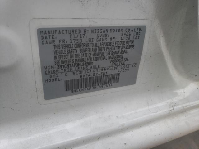 3N1CN7AP3HL842691 - 2017 NISSAN VERSA S WHITE photo 12