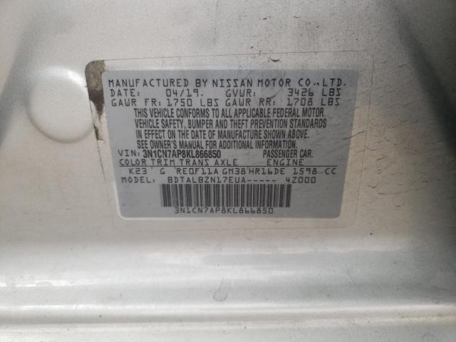 3N1CN7AP8KL866850 - 2019 NISSAN VERSA S SILVER photo 12