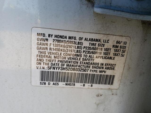 5FNYF3H52DB032507 - 2013 HONDA PILOT EXL Սպիտակ լուսանկար 12