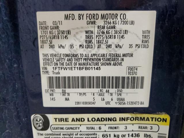 1FTFW1ET1BFB01145 - 2011 FORD F150 SUPERCREW BLUE photo 12