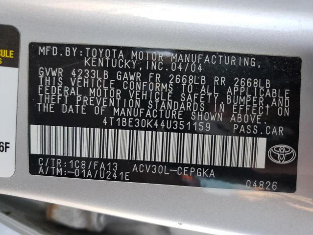 4T1BE30K44U351159 - 2004 TOYOTA CAMRY LE SILVER photo 12