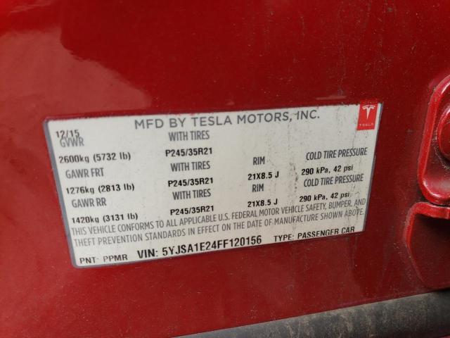 5YJSA1E24FF120156 - 2015 TESLA MODEL S წითელი ფოტო 12