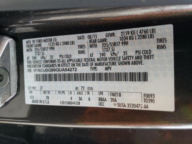 1FMCU0G99GUA54272 - 2016 FORD ESCAPE SE GRAY photo 12