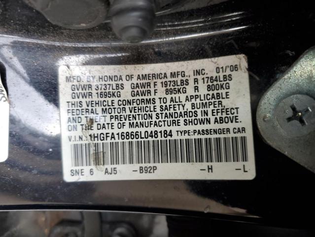 1HGFA16866L048184 - 2006 HONDA CIVIC EX BLACK photo 12