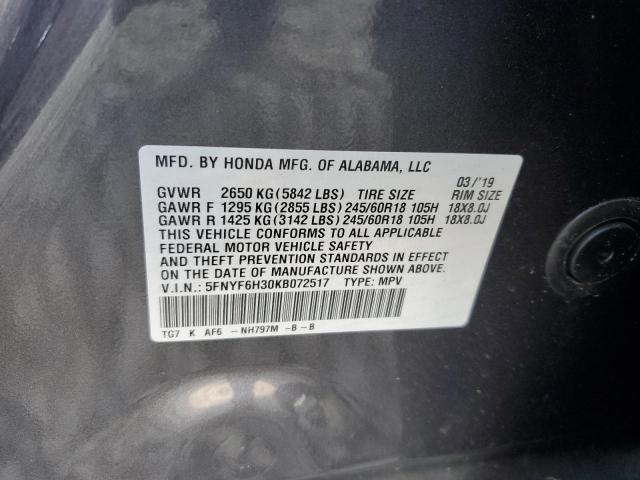 5FNYF6H30KB072517 - 2019 HONDA PILOT EX GRAY photo 13