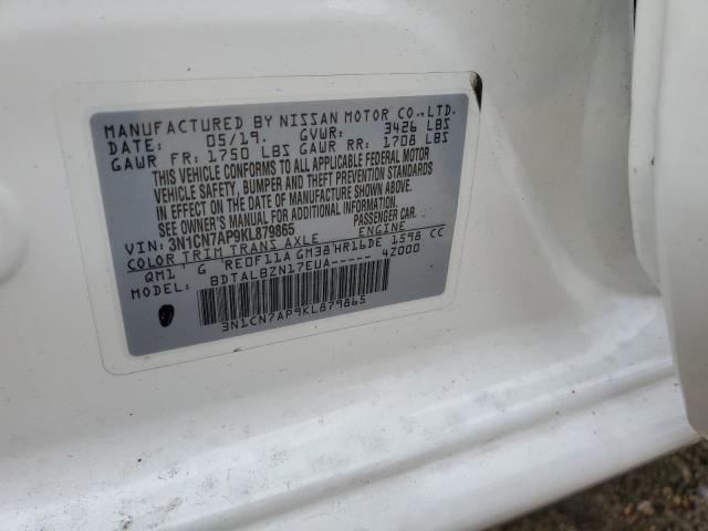 3N1CN7AP9KL879865 - 2019 NISSAN VERSA S WHITE photo 12