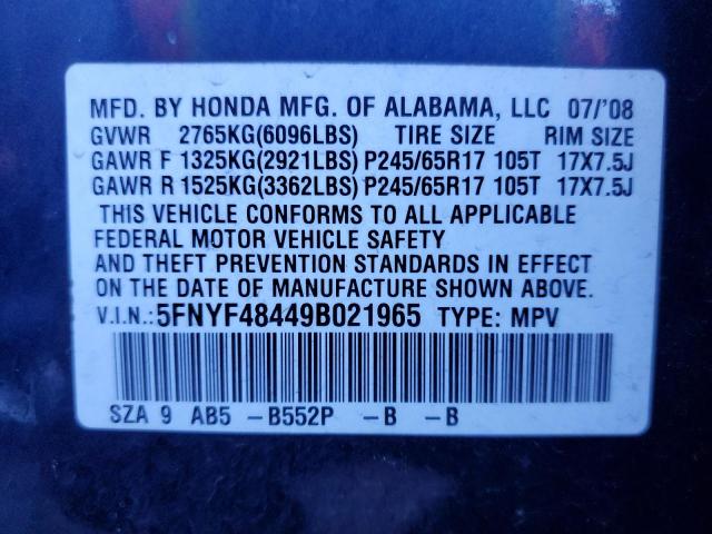 5FNYF48449B021965 - 2009 HONDA PILOT EX BLUE photo 13