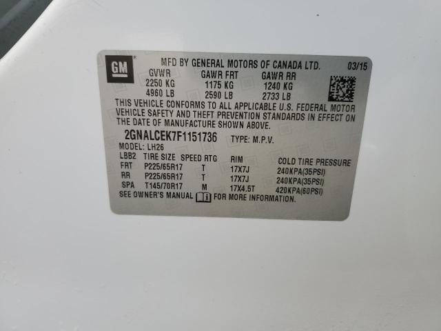 2GNALCEK7F1151736 - 2015 CHEVROLET EQUINOX LT WHITE photo 14