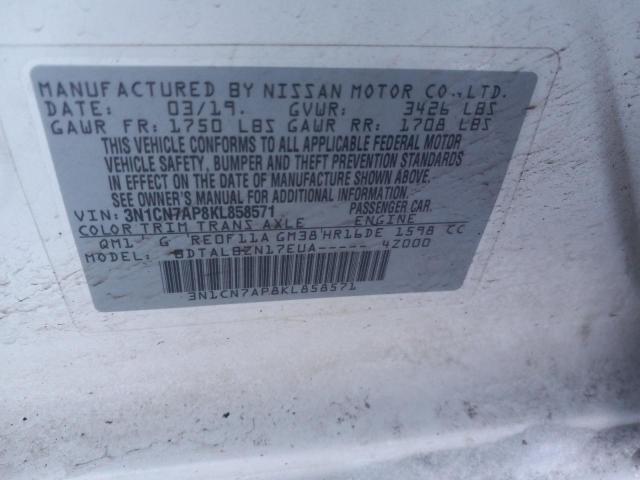 3N1CN7AP8KL858571 - 2019 NISSAN VERSA S WHITE photo 12