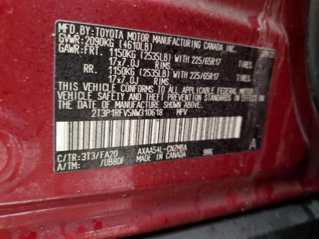 2T3P1RFV5NW310618 - 2022 TOYOTA RAV4 XLE RED photo 12