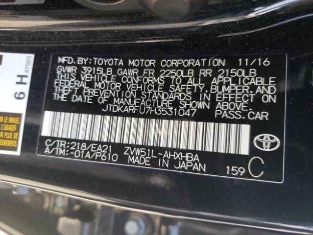 JTDKARFU7H3531047 - 2017 TOYOTA PRIUS BLACK photo 13