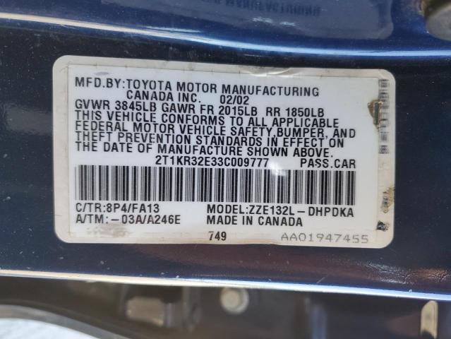 2T1KR32E33C009777 - 2003 TOYOTA COROLLA MA XR BLUE photo 12