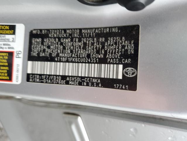 4T1BF1FK6CU024351 - 2012 TOYOTA CAMRY BASE SILVER photo 12