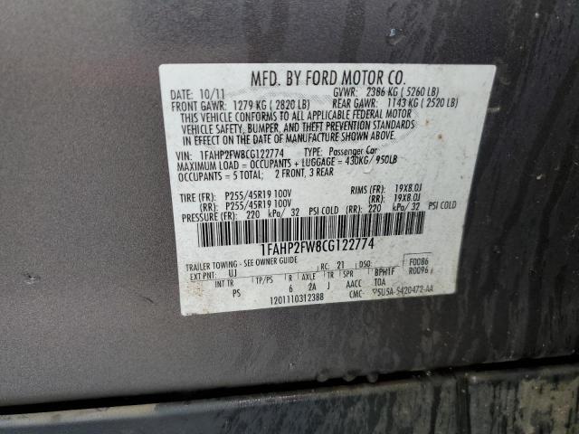 1FAHP2FW8CG122774 - 2012 FORD TAURUS LIMITED SILVER photo 12