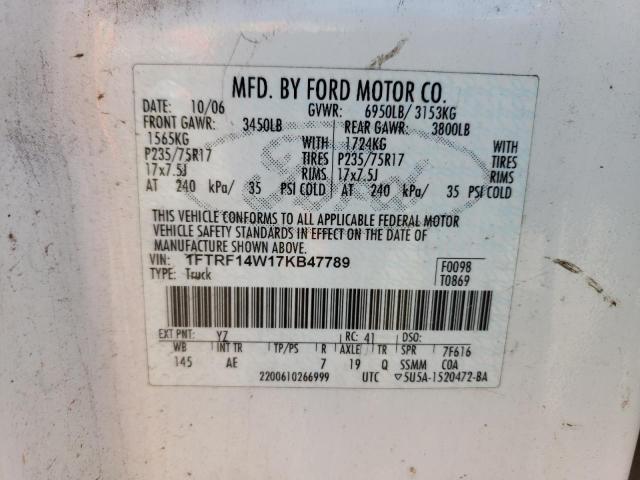 1FTRF14W17KB47789 - 2004 FORD F-150 WHITE photo 12