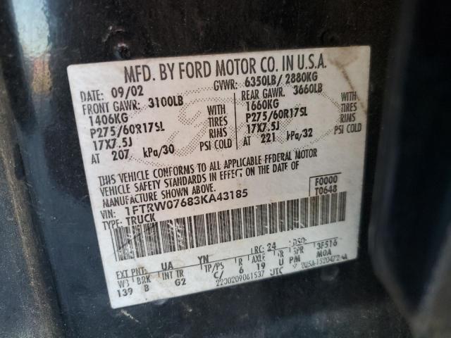 1FTRW07683KA43185 - 2003 FORD F150 SUPERCREW BLACK photo 12