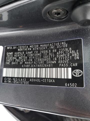 4T4BF3EK7AR026481 - 2010 TOYOTA CAMRY BASE GRAY photo 12