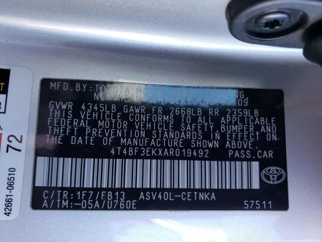 4T4BF3EKXAR019492 - 2010 TOYOTA CAMRY BASE SILVER photo 12