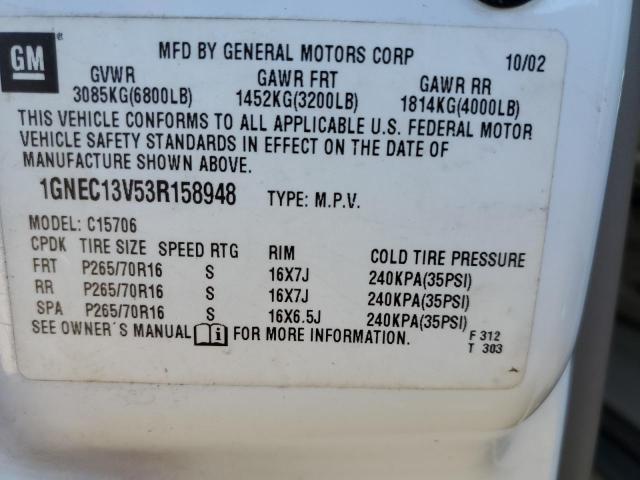 1GNEC13V53R158948 - 2003 CHEVROLET TAHOE C1500 WHITE photo 14