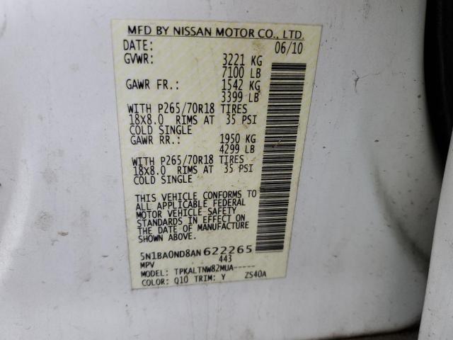 5N1BA0ND8AN622265 - 2010 NISSAN ARMADA SE WHITE photo 13