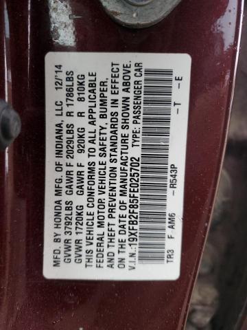 19XFB2F85FE025702 - 2015 HONDA CIVIC EX BURGUNDY photo 12