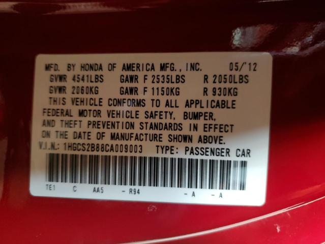 1HGCS2B88CA009003 - 2012 HONDA ACCORD EXL RED photo 13