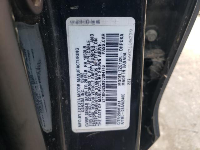 2T1KR32E93C084743 - 2003 TOYOTA COROLLA MA XR BLACK photo 12