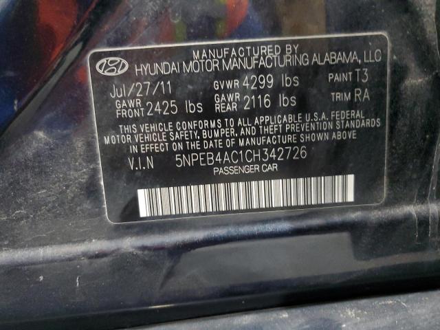 5NPEB4AC1CH342726 - 2012 HYUNDAI SONATA GLS BLACK photo 12