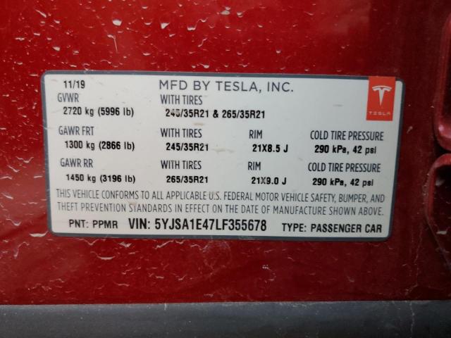 5YJSA1E47LF355678 - 2020 TESLA MODEL S Rojo foto 13