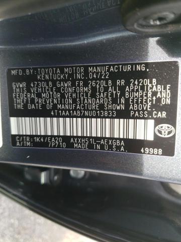 4T1AA1AB7NU013833 - 2022 TOYOTA AVALON XLE GRAY photo 12