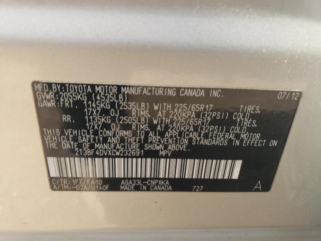 2T3BF4DVXCW232691 - 2012 TOYOTA RAV4 SILVER photo 12