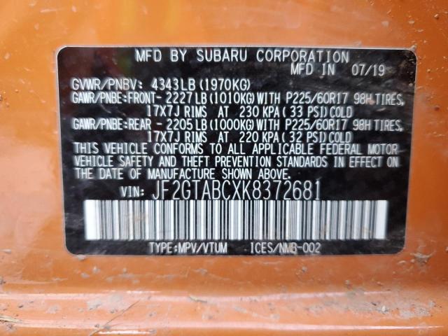 JF2GTABCXK8372681 - 2019 SUBARU CROSSTREK ORANGE photo 12