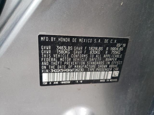 3HGGK5H49KM726230 - 2019 HONDA FIT LX GRAY photo 12