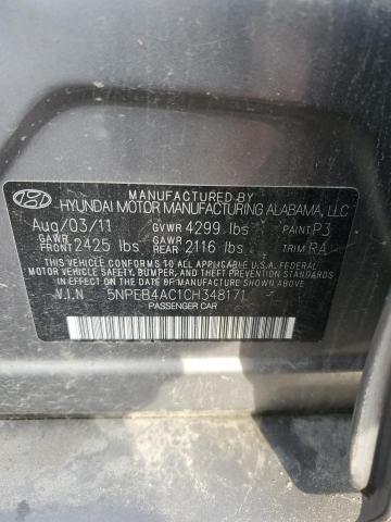 5NPEB4AC1CH348171 - 2012 HYUNDAI SONATA GLS GRAY photo 12