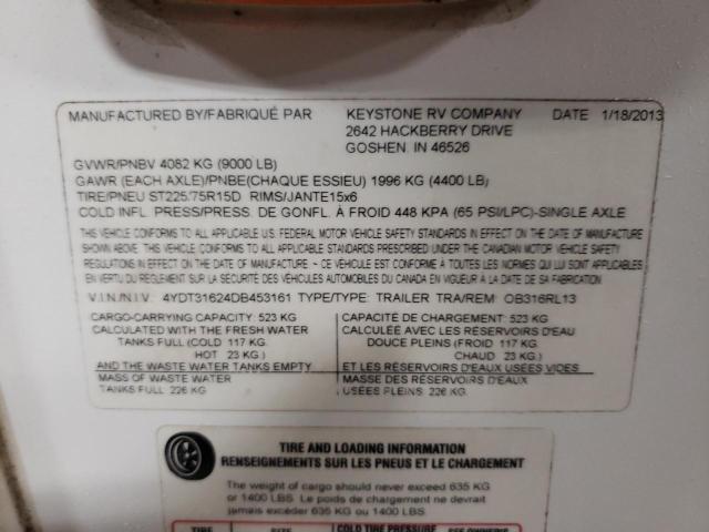 4YDT31624DB453161 - 2013 KEYSTONE OUTBACK WHITE photo 10