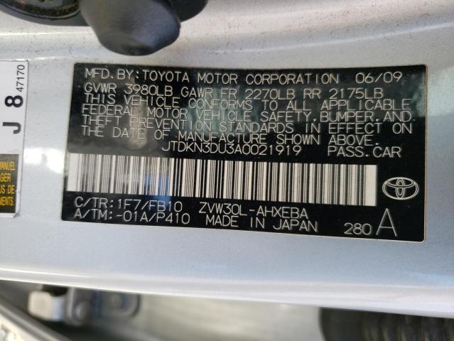 JTDKN3DU3A0021919 - 2010 TOYOTA PRIUS SILVER photo 12