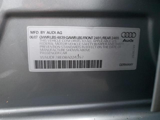 WAUDF78E08A024357 - 2008 AUDI A4 2.0T QUATTRO GRAY photo 12