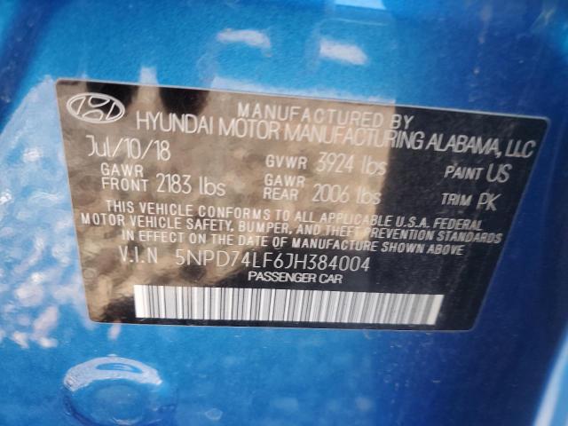 5NPD74LF6JH384004 - 2018 HYUNDAI ELANTRA SE BLUE photo 12