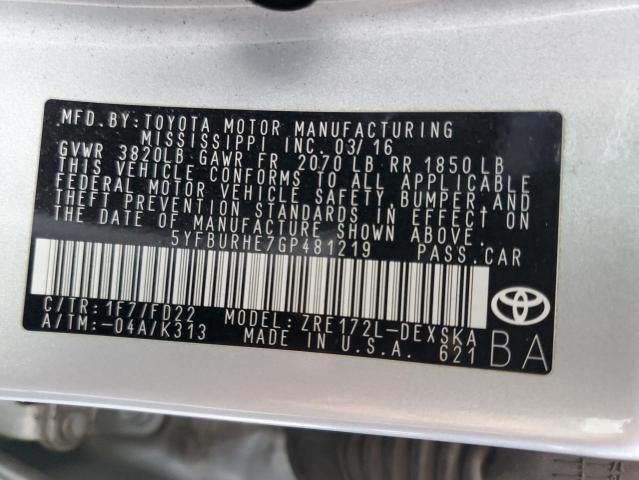 5YFBURHE7GP481219 - 2016 TOYOTA COROLLA L SILVER photo 13