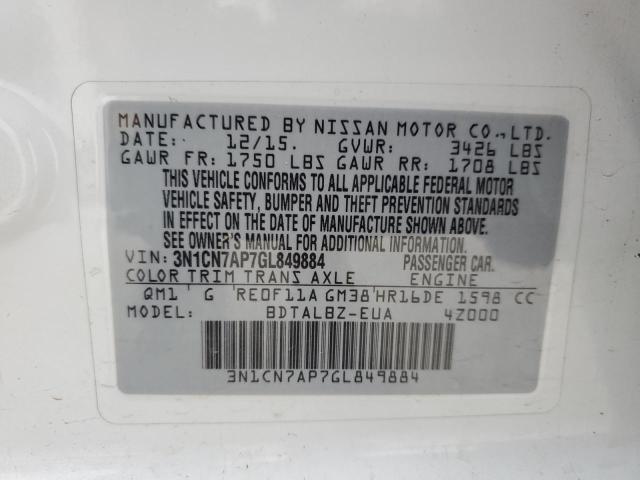 3N1CN7AP7GL849884 - 2016 NISSAN VERSA S WHITE photo 12