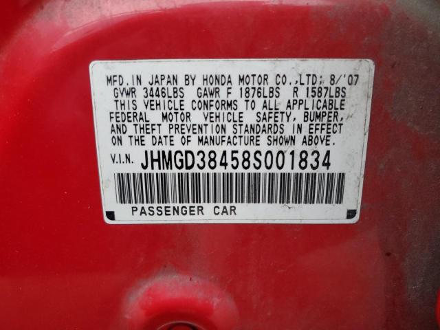 JHMGD38458S001834 - 2008 HONDA FIT RED photo 12