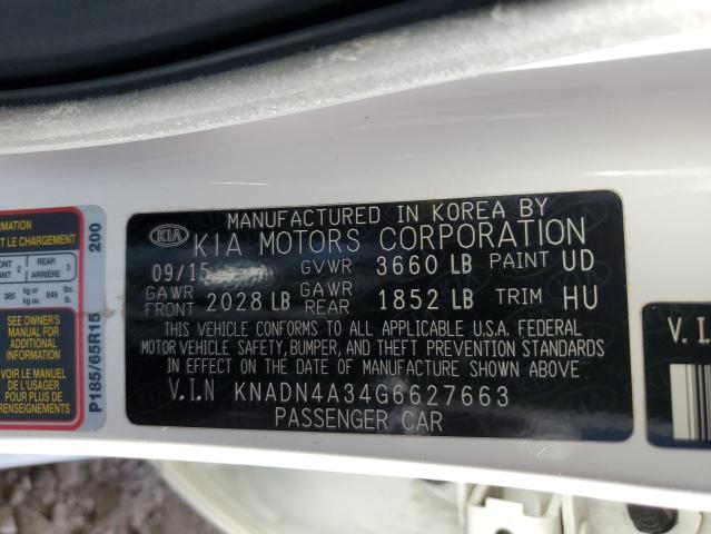 KNADN4A34G6627663 - 2016 KIA RIO EX WHITE photo 12