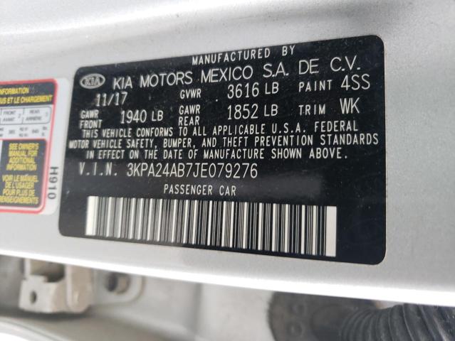 3KPA24AB7JE079276 - 2018 KIA RIO LX SILVER photo 12