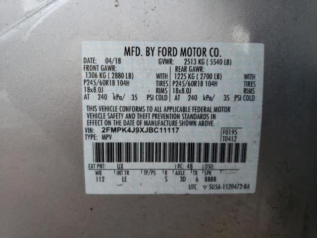 2FMPK4J9XJBC11117 - 2018 FORD EDGE SEL SILVER photo 12