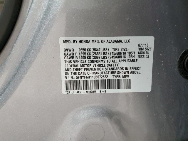 5FNYF6H11JB072622 - 2018 HONDA PILOT LX SILVER photo 13